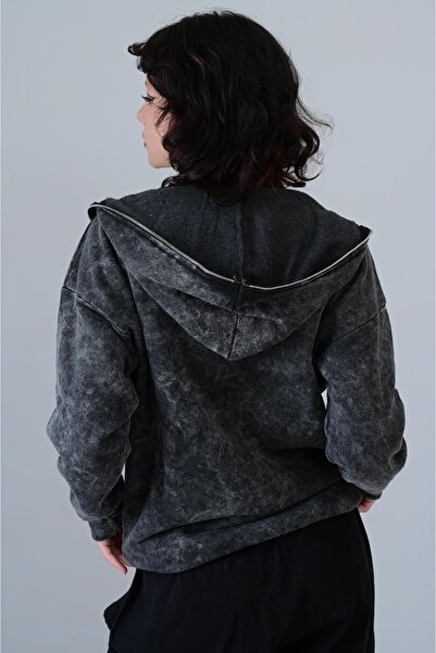 Touz Vintage Washed Full Zip Detail Unisex Oversize Hooded Cardigan