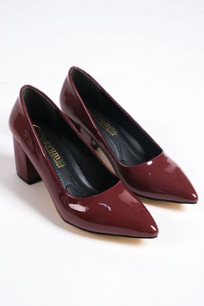 Ayakkabı Podyumum " DROİT " Claret Red Patent Leather Pointed Toe Low-cut 7 cm Thick Heel