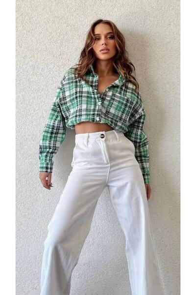 EDZ Kadın Yeşil Ekose Model Beli Lastikli Crop Mevsimlik Mont Bomber