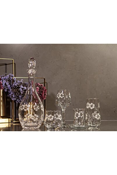 sudeka 61 Parça 12 Kişilik Papatya El Dekor Kristal Kesme Cam Su Takımı