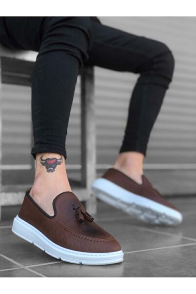 BOA BA0005 Bağcıksız Yüksek Taban Taba Beyaz Klasik Püsküllü Corcik Erkek Ayakkabı