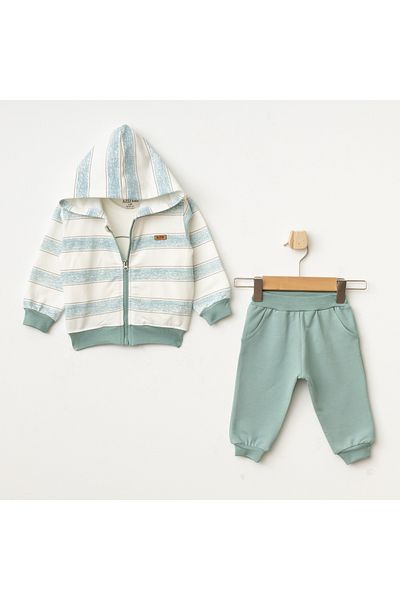 Aziz Bebe Boss Bear Patterned Baby Top and Bottom 3-Piece Cardigan Set Size Between 3 Months - 36 Months