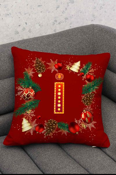 Hayal Dekoratif New Year's Themed Red Colored Globe Patterned Digital Printed Throw Pillow Cover