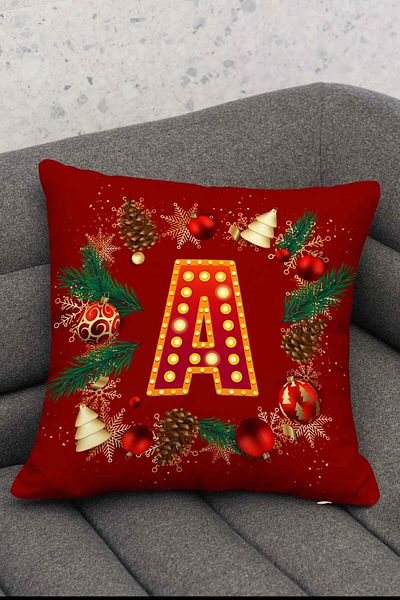 Hayal Dekoratif New Year's Themed Red Colored Globe Patterned Digital Printed Throw Pillow Cover