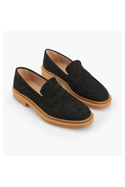 ESER حذاء بدون كعب موديل 59200 من جلد الغزال الأسود بكعب مسطح حذاء أكسفورد