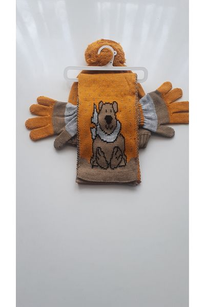 Demas Triko Girl's Mustard Yellow 3-Piece Teddy Bear Patterned Beanie Scarf Gloves Set