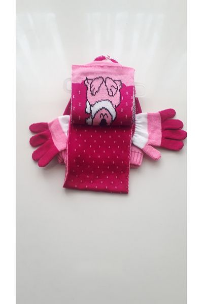 Demas Triko Demas Girl's Fuchsia 3-Piece Teddy Bear Patterned Beanie Scarf Gloves Set