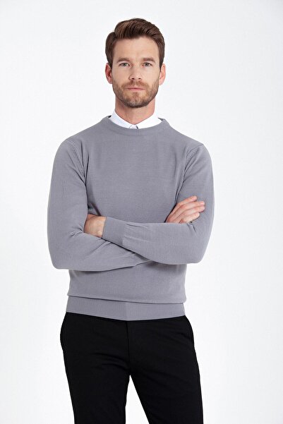 Hatemoğlu Erkek Gri Regular Fit Düz Bisiklet Yaka Triko Kazak