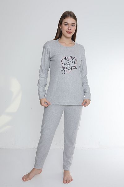 FAMES PİJAMA Black Written Heart Patterned Gray Interlock Fabric Long Sleeve Women's Pajama Set