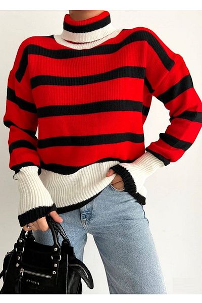 lovebox Women's Striped Design Turtleneck Oversize Red Knitwear Sweater 0243