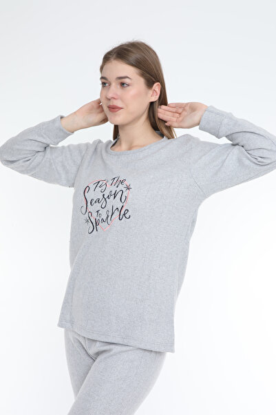 FAMES PİJAMA Black Written Heart Patterned Gray Interlock Fabric Long Sleeve Women's Pajama Set