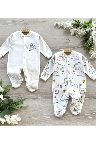 Renkli Puset 2-Piece Organic Cotton Combed Baby Rompers with Booties Set Dinosaurs