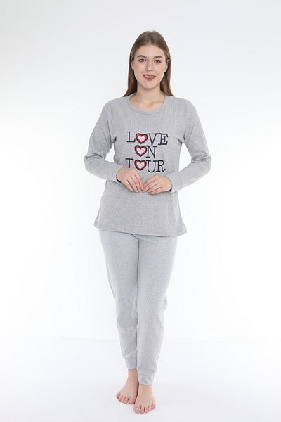 FAMES PİJAMA Love On Your Gray Interlock Fabric Long Sleeve Women's Pajama Set