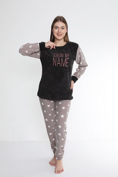 FAMES PİJAMA Scream Patterned Polar Welsoft Fabric Long Sleeve Winter Women's Pajama Set.