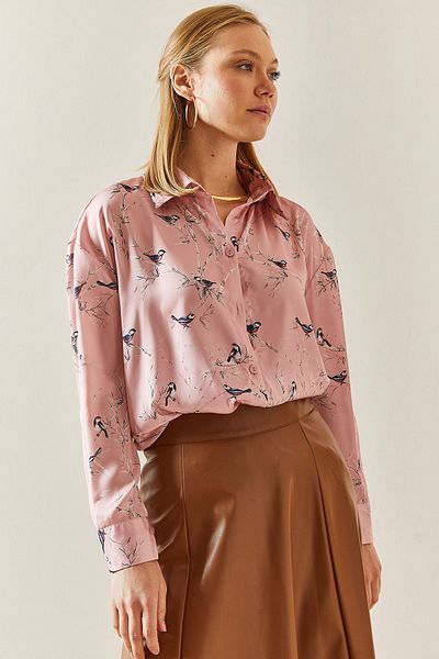 XHAN Powder Patterned Flowy Satin Shirt 4KXK2-47758-50
