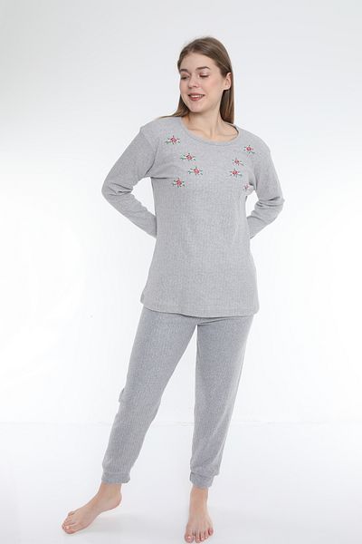 FAMES PİJAMA Gray Floral Interlock Fabric Long Sleeve Women's Pajama Set