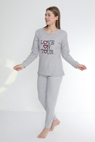 FAMES PİJAMA Love On Your Gray Interlock Fabric Long Sleeve Women's Pajama Set