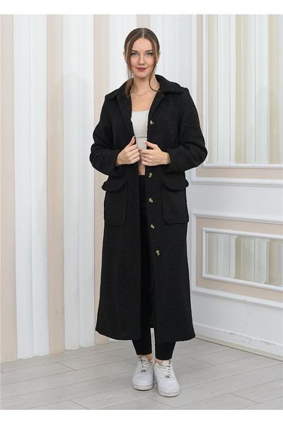 Nuseel New Season Collared Plush Curly Long Coat Black