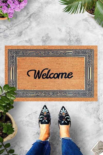 linazaitun Dijital Baskılı Welcome Yazılı Gri çerçeveli Dekoratif Kapı Önü Pa...