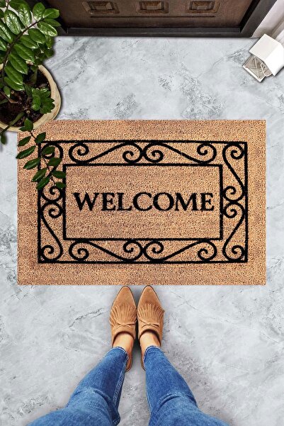 linazaitun Dijital Baskılı Welcome Yazılı Siyah Çerçeveli Dekoratif Kapı Önü Paspası