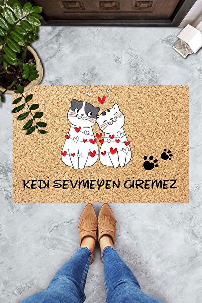 on the clouds Dijital Baskılı Kedi Sevmeyen Giremez Yazılı Kedi Desenli Dekoratif Kapı Önü Paspası