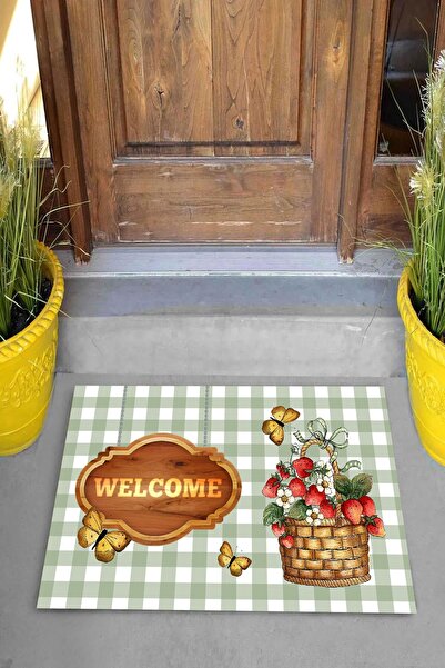 linazaitun Dijital Baskılı Welcome Yazılı Çiçek Sepeti Desenli Dekoratif Kapı Önü Paspası