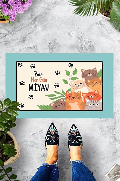linazaitun Dijital Baskılı Bize Hergün Miyav Dekoratif Kapı Önü Paspası