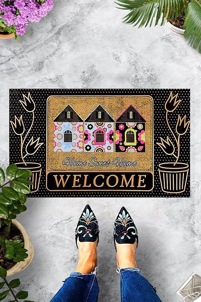 on the clouds سجادة باب أمامية مزخرفة مطبوعة رقمية مطبوع عليها عبارة "Welcome