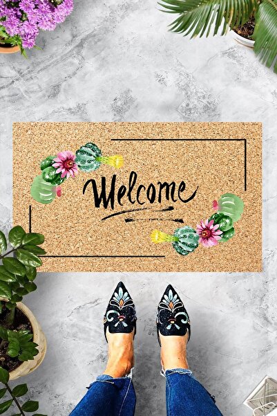 linazaitun Dijital Baskılı Welcome Yazısı Çiçek Desenli Dekoratif Kapı Önü Pa...