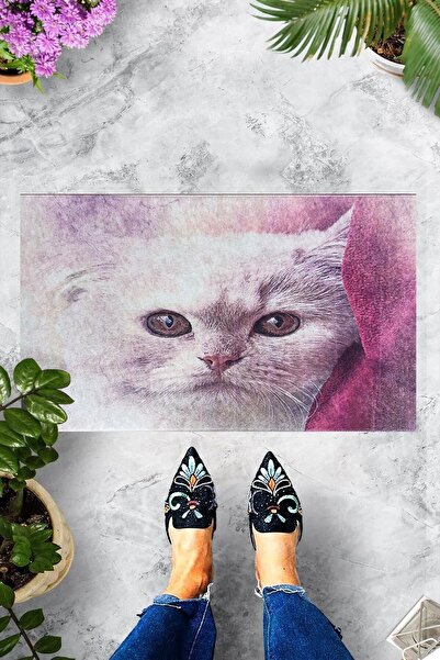 linazaitun Dijital Baskılı Kedi Desenli Dekoratif Kapı Önü Paspası