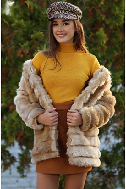 Hepsibitarz Kadın Bej Vizon Peluş Kürklü Astarsız Kaban