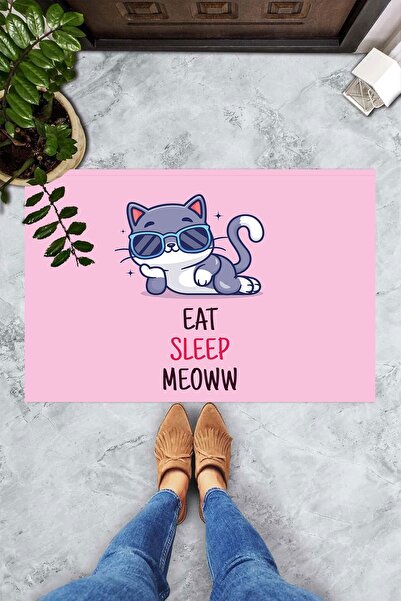 linazaitun Dijital Baskılı Eat Sleep Meow Yazılı Kedi Desenli Dekoratif Kapı Önü Paspası