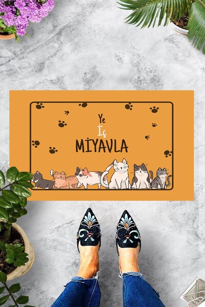 linazaitun Dijital Baskılı Ye İç Miyavla Yazılı Kedi Desenli Dekoratif Kapı Ö...