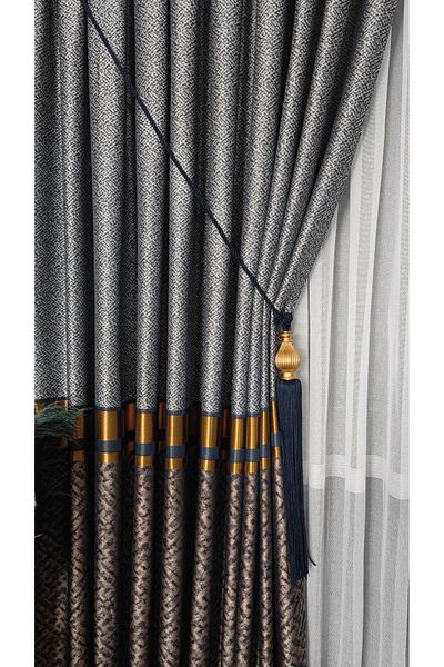 Yuka Panel Background Curtain Navy Blue Light Gray Gold Striped Cloud Patterned Single Sash Closely Pleated Jacquard
