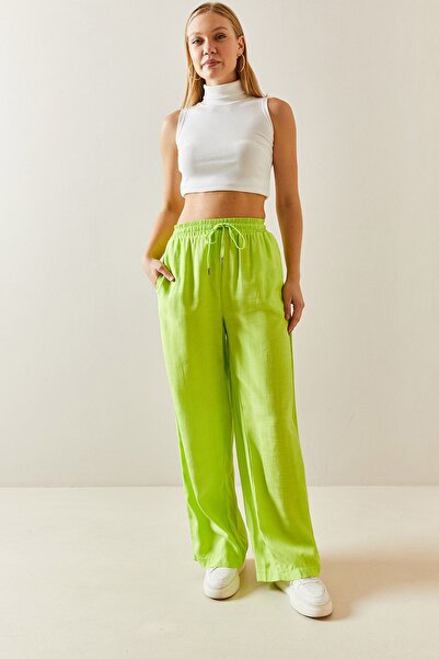 XHAN Neon Yeşili Bol Paça Keten Pantolon 3YXK5-46995-41