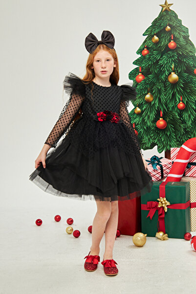 Jolanda Omuzları Fırfırlı Puantiyeli Kız Çocuk Yılbaşı Parti Elbise