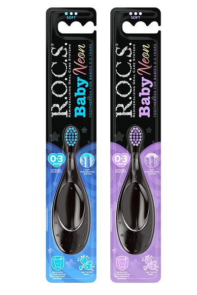 R.O.C.S. 0-3 Years Baby Neon Extra Soft Toothbrush - Set of 2 - Purple+Blue