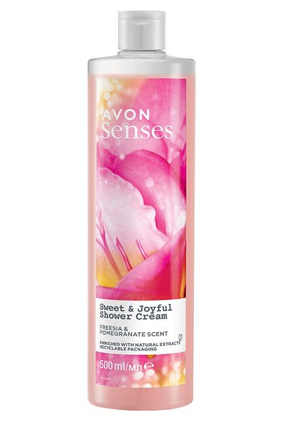AVON سينسيز سويت اند جويفول فريزيا وجل استحمام كريمي برائحة الرمان 500 مل
