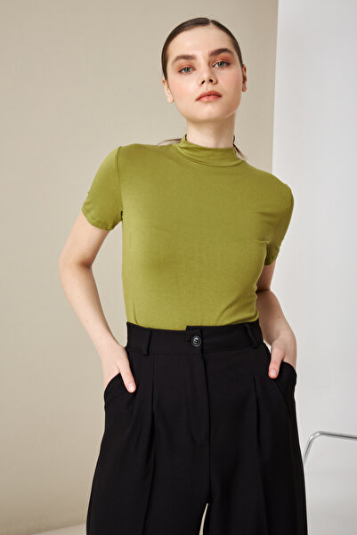 Ladima Bluză de damă verde ulei cu mânecă scurtă