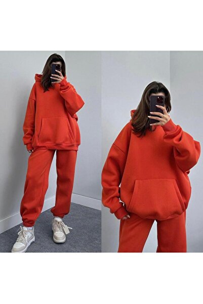 3 iplik şardonlu turuncu oversize eşofman takımı