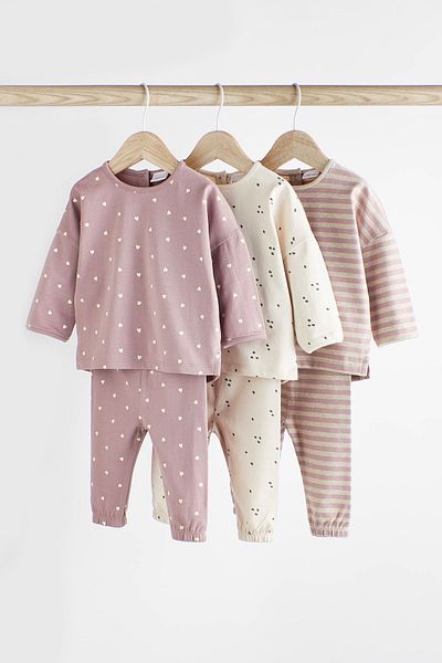 Next Baby 100% Cotton Pink Polka Dot Stripe Patterned 3-Piece Top and Bottom Set