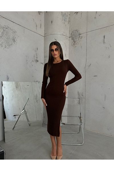 lovebox Women's Slit Knitwear Brown Dress 23W25012