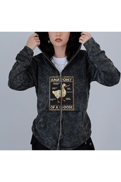 Touz Duck Anatomy Printed Vintage Washed Full Zip Detail Unisex Oversize Hooded Cardigan