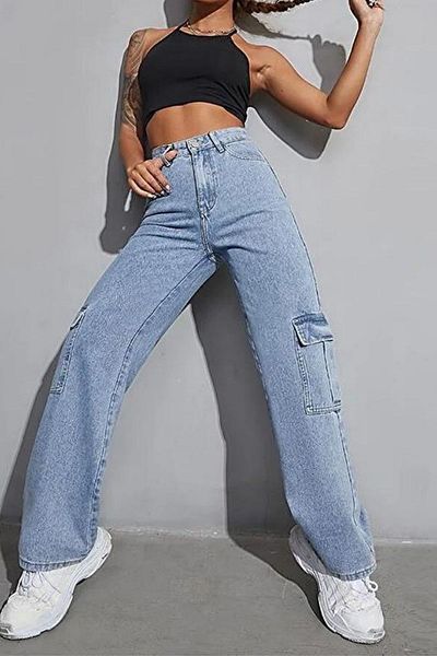 Your Consent Girls' Cargo Pocket Detailed High Waist Wide Leg Jeans