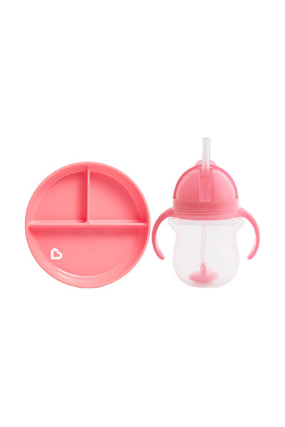 Munchkin Fixed Vacuum Feeding Plate & Training Cup with Click Tip Straw 6 months Pink & Pink Pack of 2