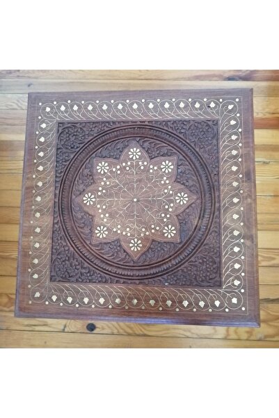 Butik Tülin Otantik el yapımı ahşap gül ağacı kahve az cilalı pirinç kakma oyma çiçek süslü 3 ayaklı sehpa Hint