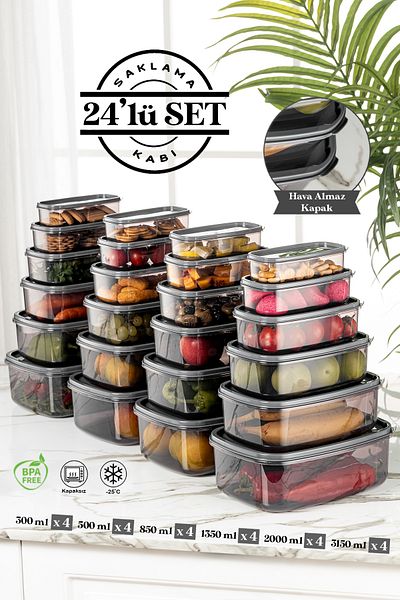 Meleni Home Set of 24 Sweet Box Storage Containers - Rectangular Food Container Jar 4x(300-500-850-1350-2000-3150 ml)