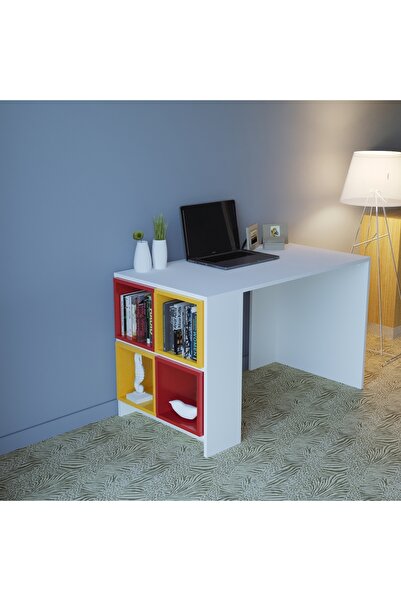 EN6 Larissa Kırmızı-sarı Kutulu Beyaz Çalışma Masası (610200)