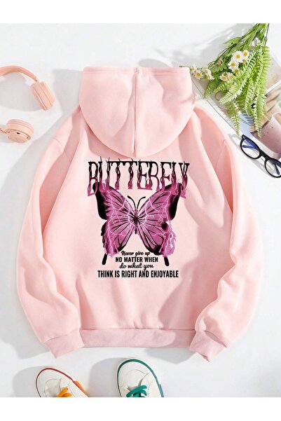 Tarzsokak Hanorac roz cu șnur, cu buzunar cangur și imprimeu cu slogan și flu...