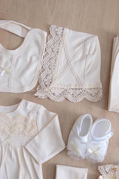 Sitilin Baby Girl Beige Natural Cotton Fabric Lacy Luxury 10 Piece Hospital Discharge Set Stl6407